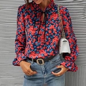 Floral print tie neck blouse